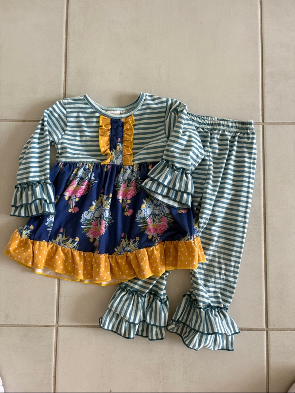 Striped Green & Navy Floral Girls' Set with Yellow Ruffle
